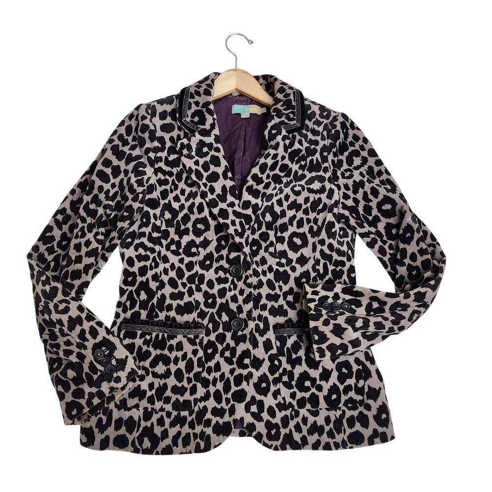 Boden Leopard Print Cotton Blazer Gray Black Velvet‎ Trim WE294 Womens US 8